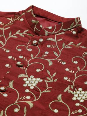 Maroon Viscose embroidered stitched kurta with nehru jacket 2