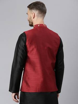 Maroon Viscose embroidered stitched kurta with nehru jacket 4