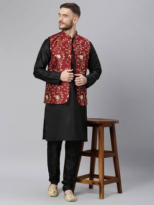 Maroon Viscose embroidered stitched kurta with nehru jacket 5