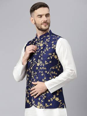 Navy Viscose embroidered stitched nehru jacket 3