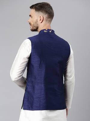 Navy Viscose embroidered stitched nehru jacket 4