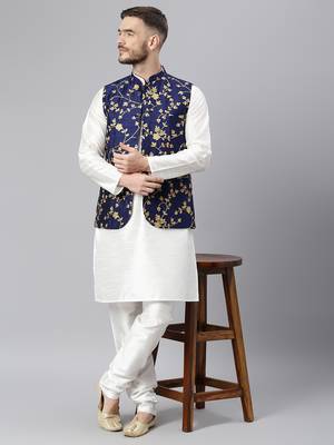 Navy Viscose embroidered stitched nehru jacket 5