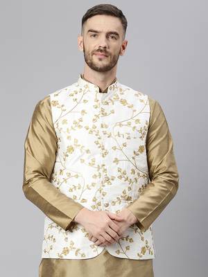 White Viscose embroidered stitched nehru jacket 1