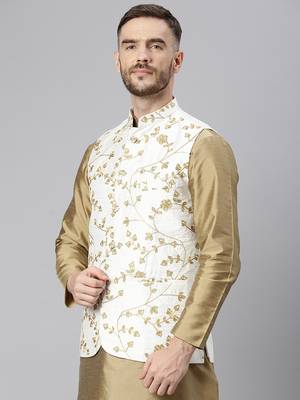 White Viscose embroidered stitched nehru jacket 3