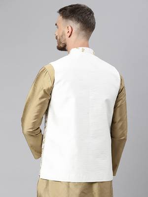 White Viscose embroidered stitched nehru jacket 4