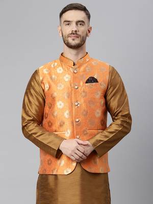 Orange Viscose embroidered stitched nehru jacket 1