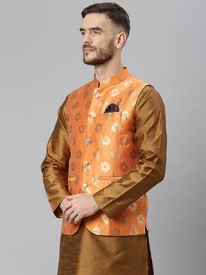 Orange Viscose embroidered stitched nehru jacket 3