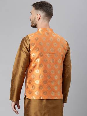 Orange Viscose embroidered stitched nehru jacket 4