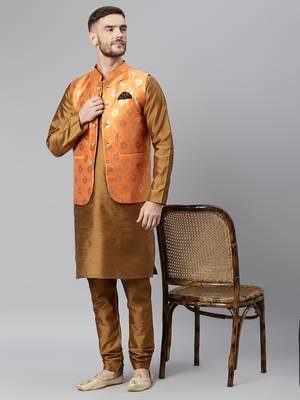 Orange Viscose embroidered stitched nehru jacket 5