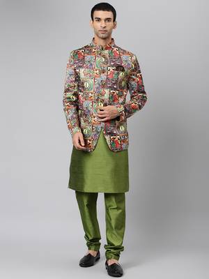 Green Polyester  Printed stitched kurta with pajama 1