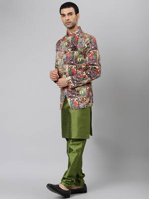 Green Polyester  Printed stitched kurta with pajama 4