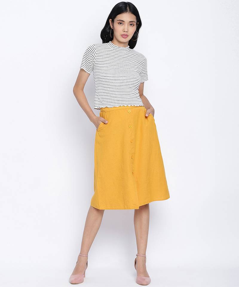 Sun glaze solid button down women skirt