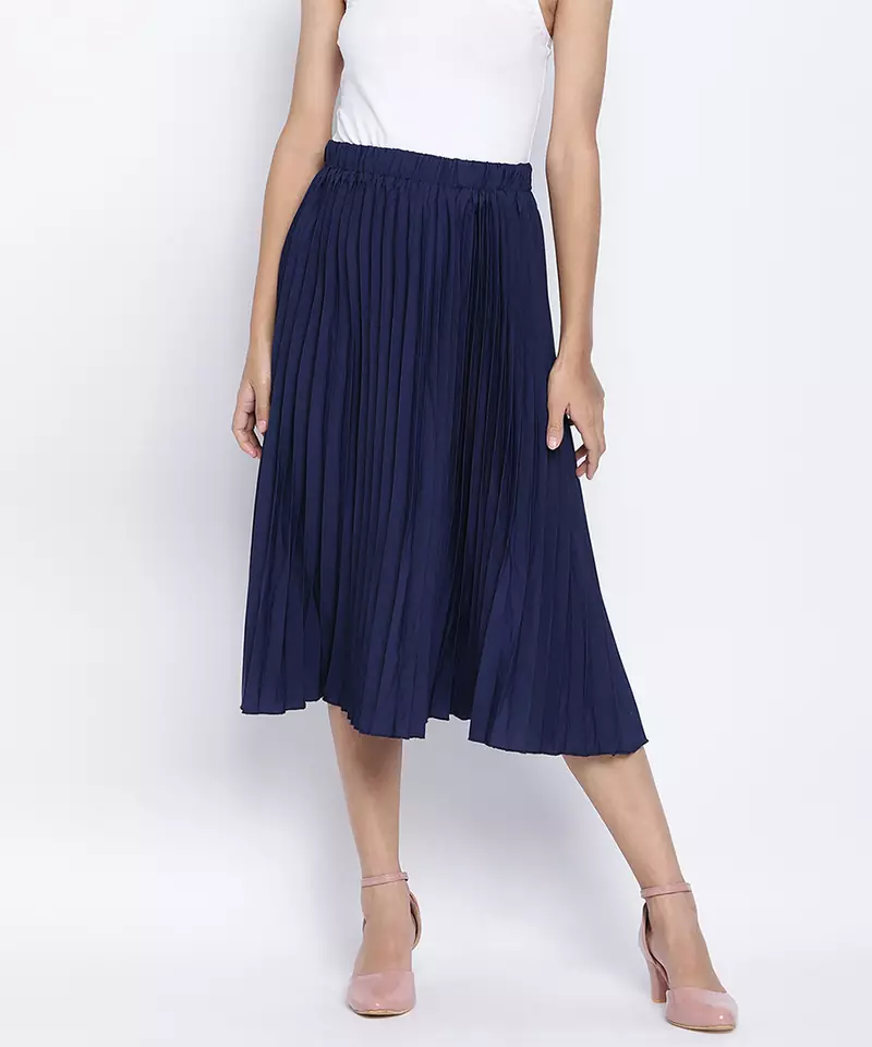 Zaffle solid Blue pleated women skirt