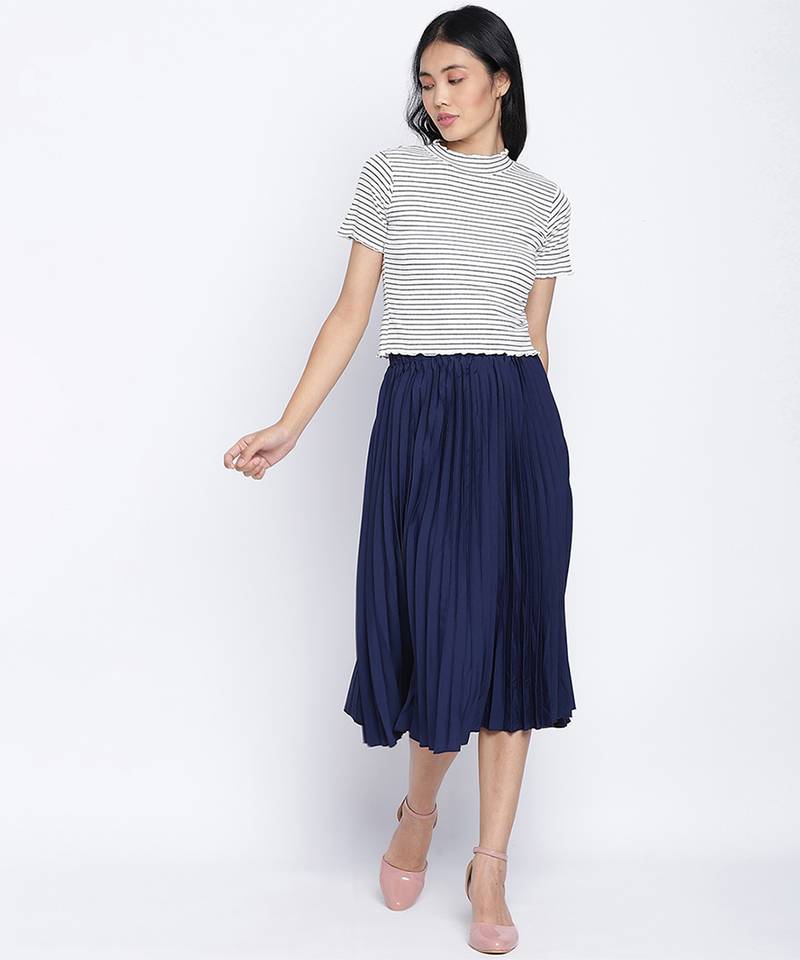 Zaffle solid Blue pleated women skirt