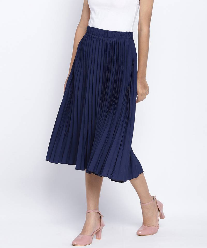 Zaffle solid Blue pleated women skirt