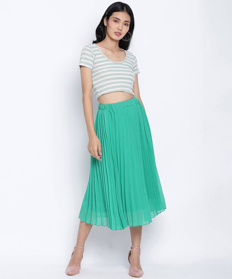 Pop up shiny green Pleated lined women skirt