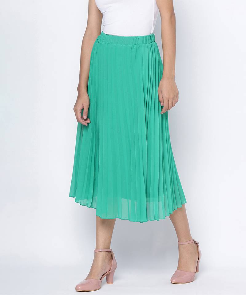 Pop up shiny green Pleated lined women skirt