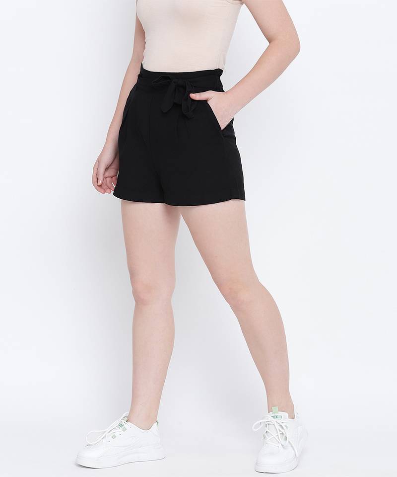 Dapper ritzy black elascticated casual women Linen shorts
