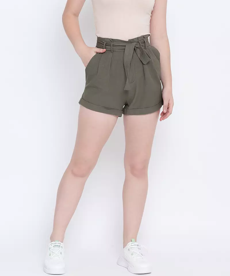 Crispy glint khaki causal women linen short