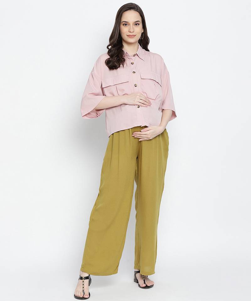 Young olive green maternity Smocking Waist pants