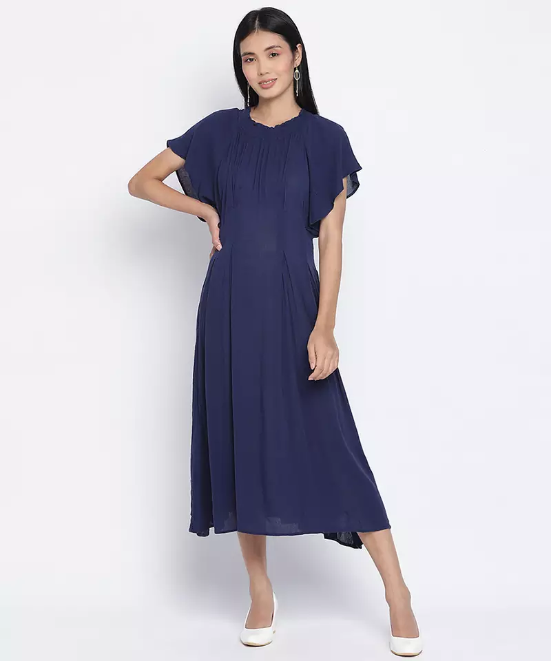 Warbler Soild Blue women Neck details dress