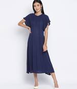 Warbler Soild Blue women Neck details dress