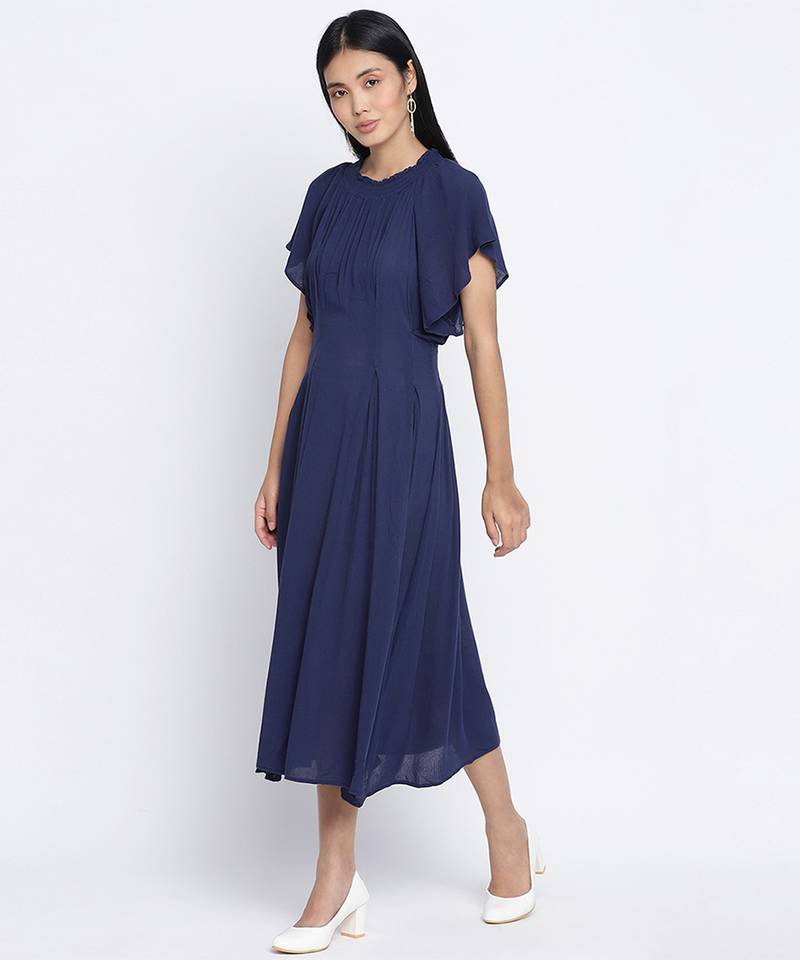 Warbler Soild Blue women Neck details dress
