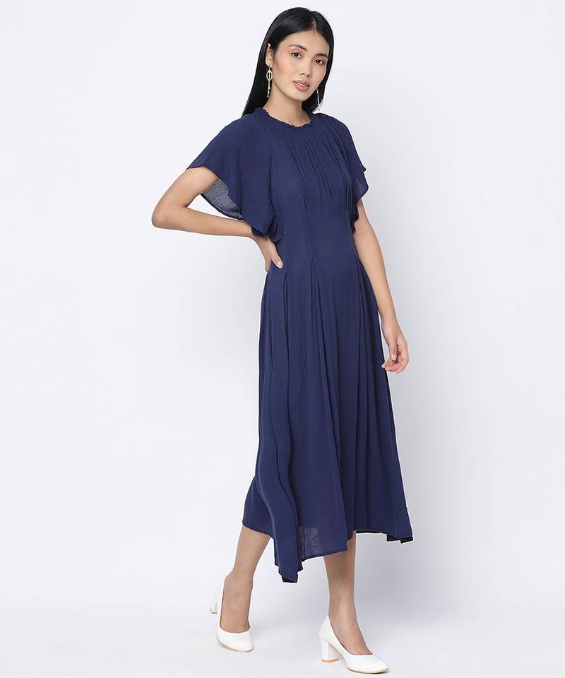 Warbler Soild Blue women Neck details dress