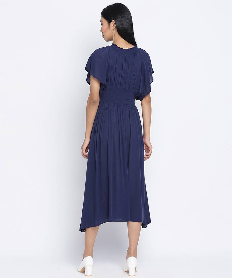 Warbler Soild Blue women Neck details dress