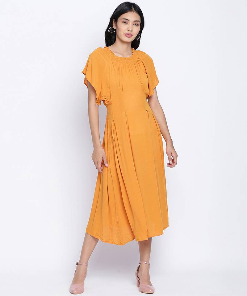 Sunflower hue solid women neck details dress