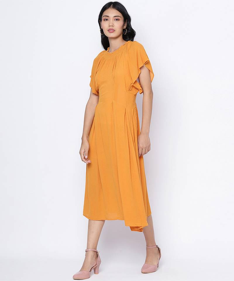 Sunflower hue solid women neck details dress