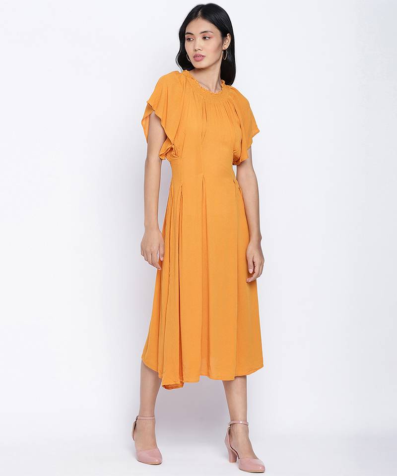 Sunflower hue solid women neck details dress
