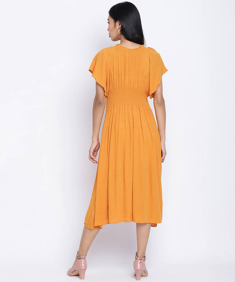 Sunflower hue solid women neck details dress