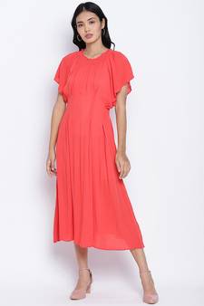Flamboyant Red solid women neck details dress