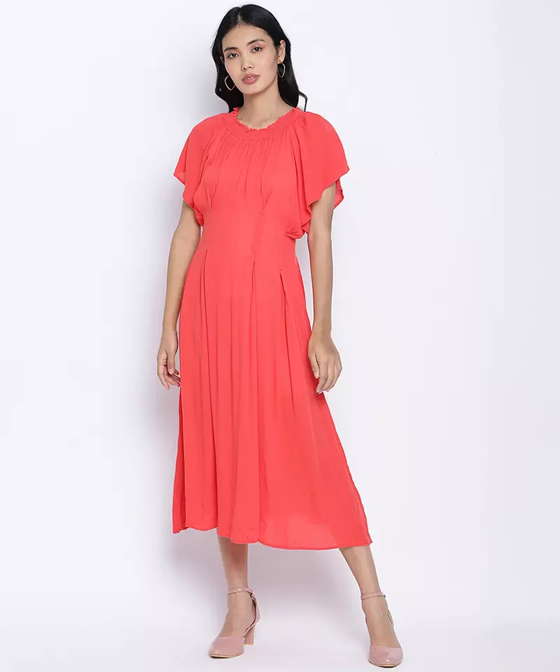 Flamboyant Red solid women neck details dress