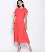 Flamboyant Red solid women neck details dress
