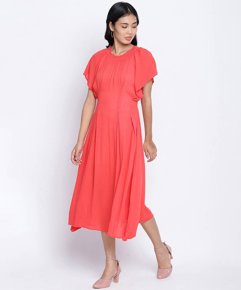 Flamboyant Red solid women neck details dress