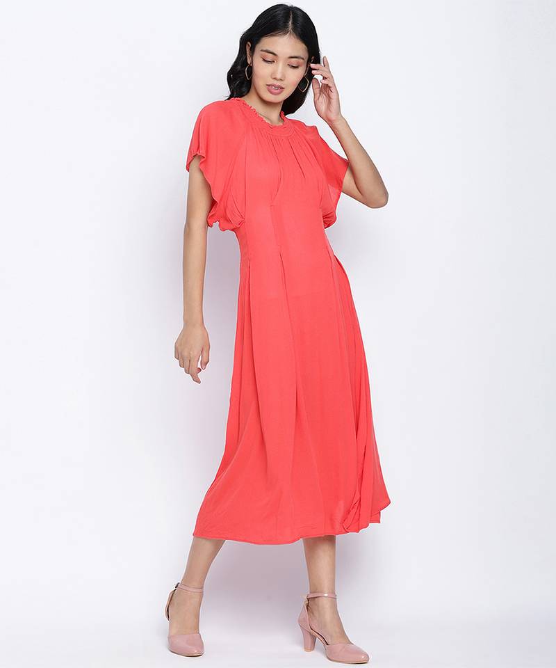 Flamboyant Red solid women neck details dress