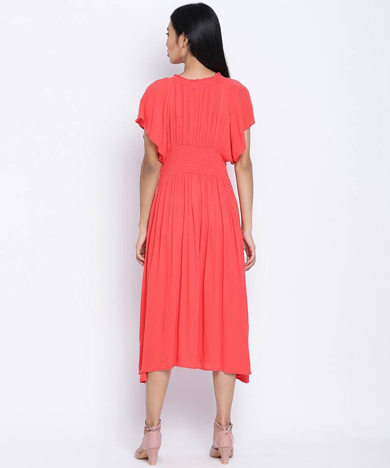 Flamboyant Red solid women neck details dress