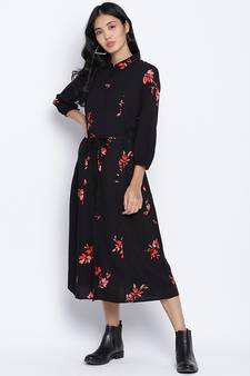 Alluring Black floral orint button down women dress