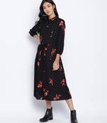 Alluring Black floral orint button down women dress