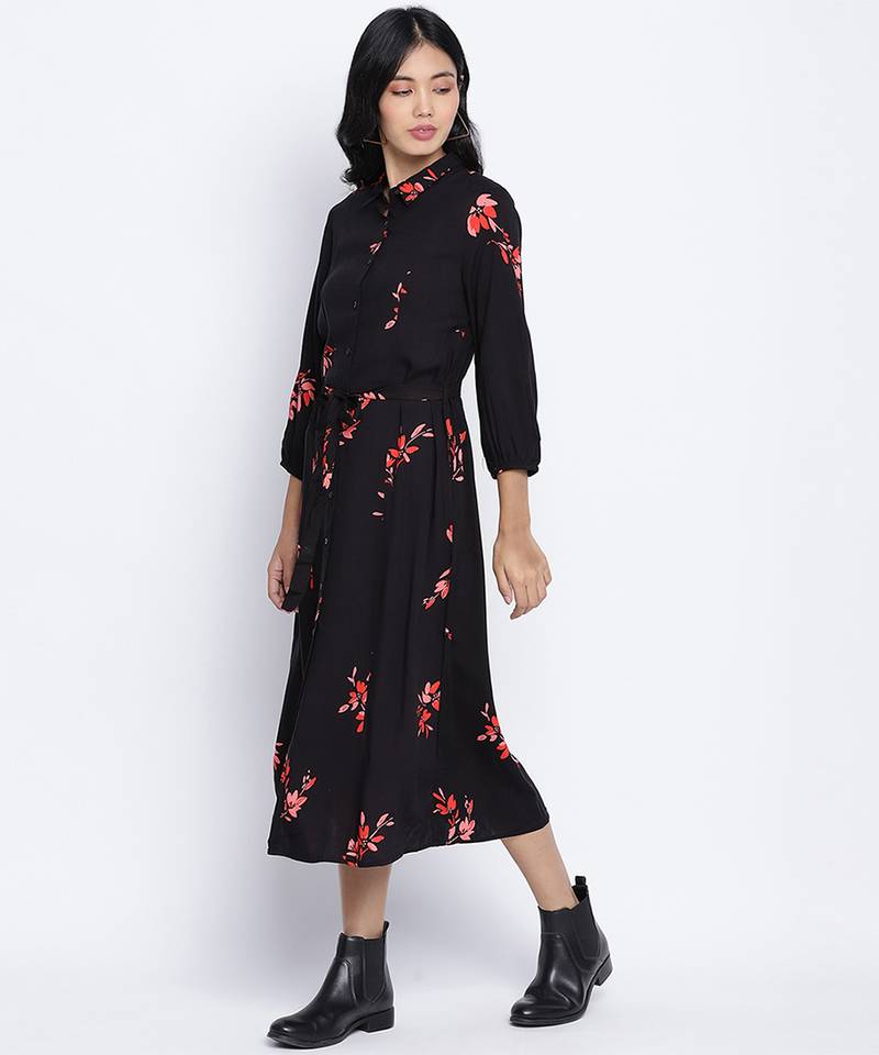Alluring Black floral orint button down women dress