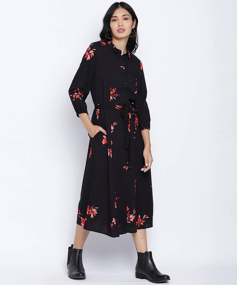 Alluring Black floral orint button down women dress