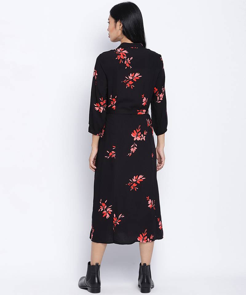 Alluring Black floral orint button down women dress