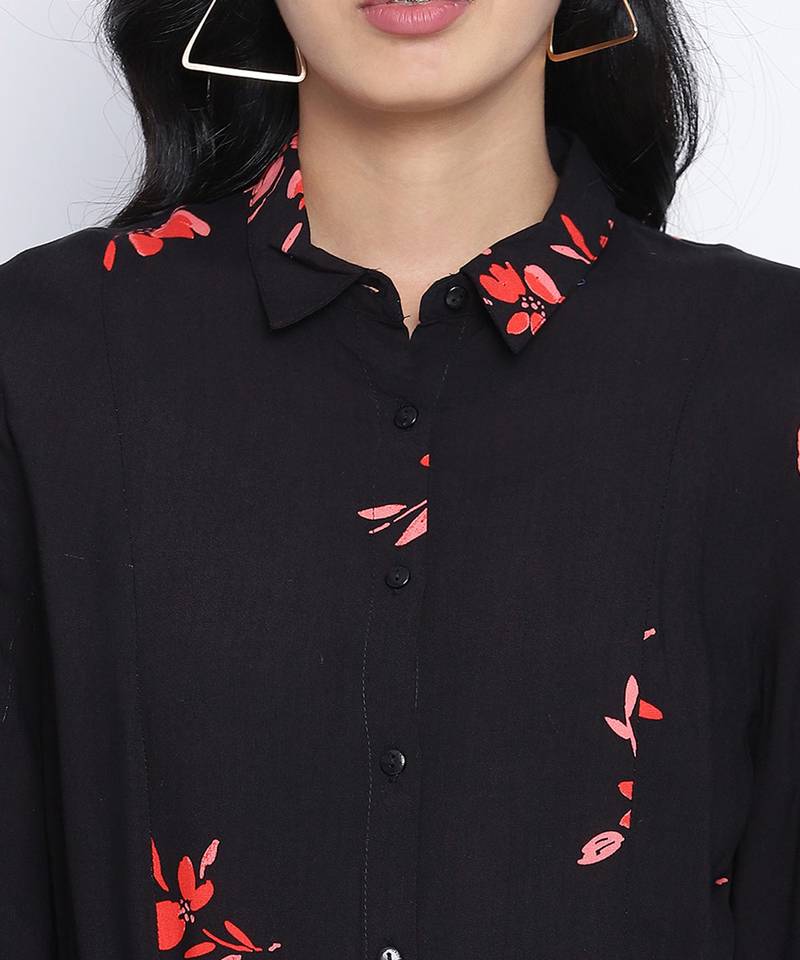 Alluring Black floral orint button down women dress
