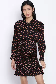 Blackliogious somocked up dotted printed women dress