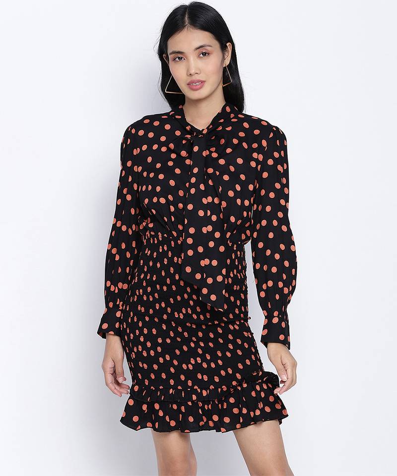 Blackliogious somocked up dotted printed women dress