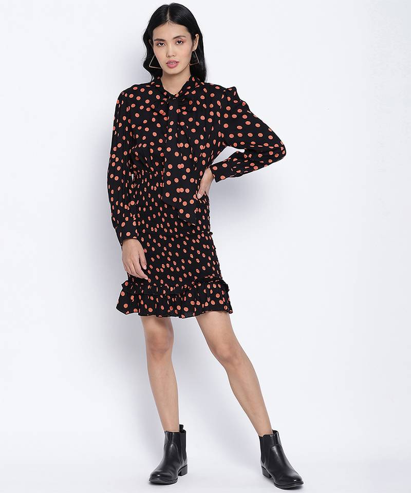 Blackliogious somocked up dotted printed women dress