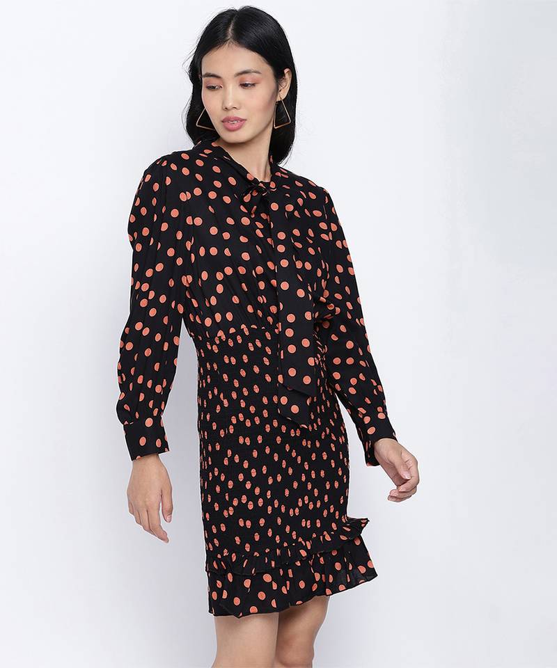 Blackliogious somocked up dotted printed women dress