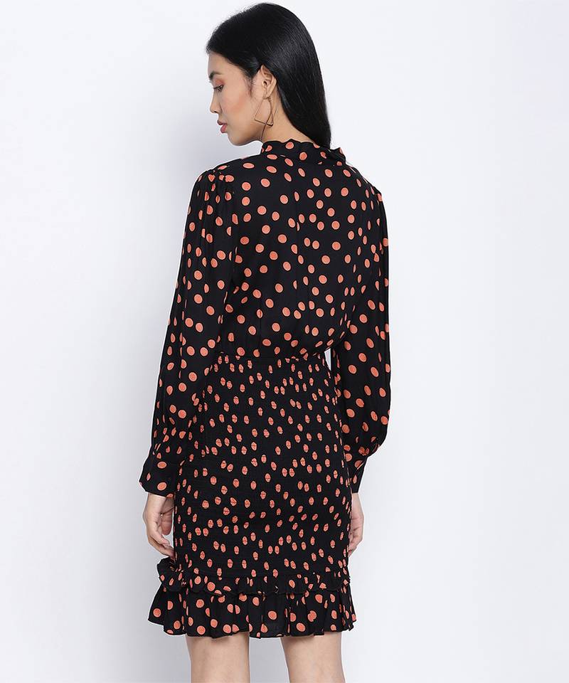 Blackliogious somocked up dotted printed women dress